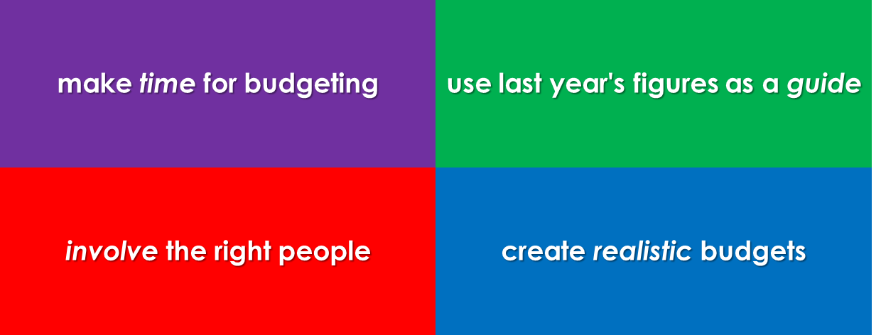 make time to budget, involve the right people, create a realistic budget, use last year as a guide